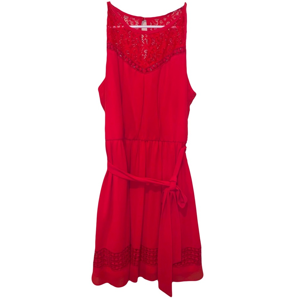 IZ Byer XL Lace Red Tie-Belt Mini Dress